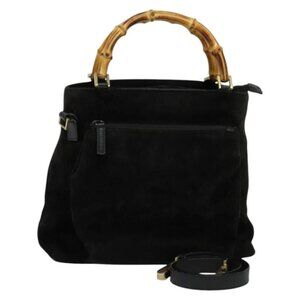 GUCCI Bamboo Hand Bag Suede 2way Black Gold